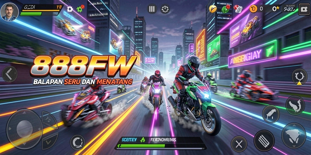 Tampilan gameplay dari 888FW dengan aksi balapan yang seru.