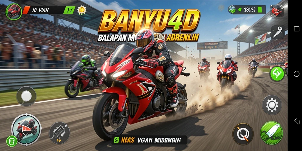 Gameplay BANYU4D menampilkan balapan motor yang seru dan menegangkan.