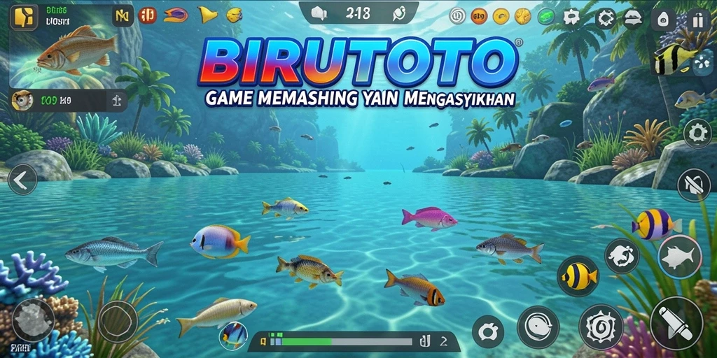 Tampilan gameplay BIRUTOTO dengan aksi memancing yang seru.