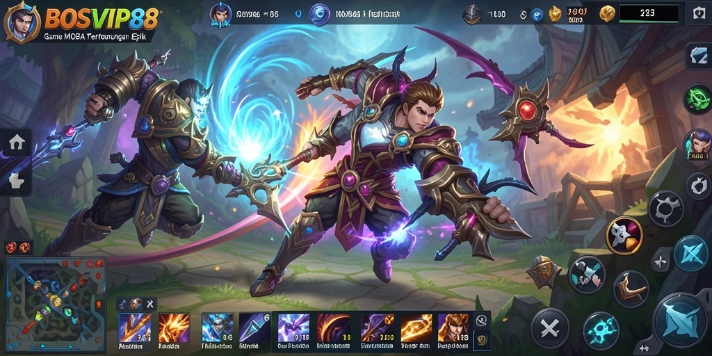 Tampilan gameplay mendebarkan dalam pertandingan MOBA di BOSVIP88.