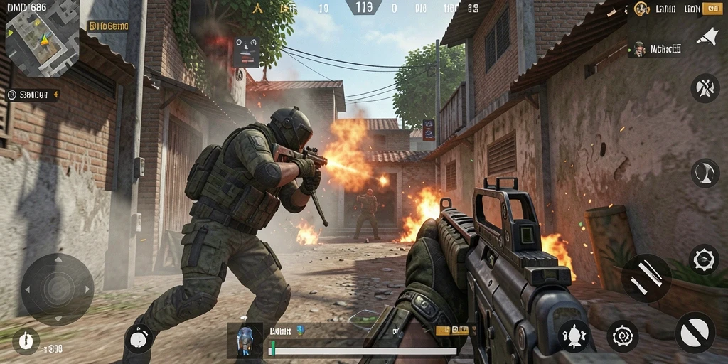 Tampilan gameplay intens dalam DMD686 dengan aksi tembak-menembak.