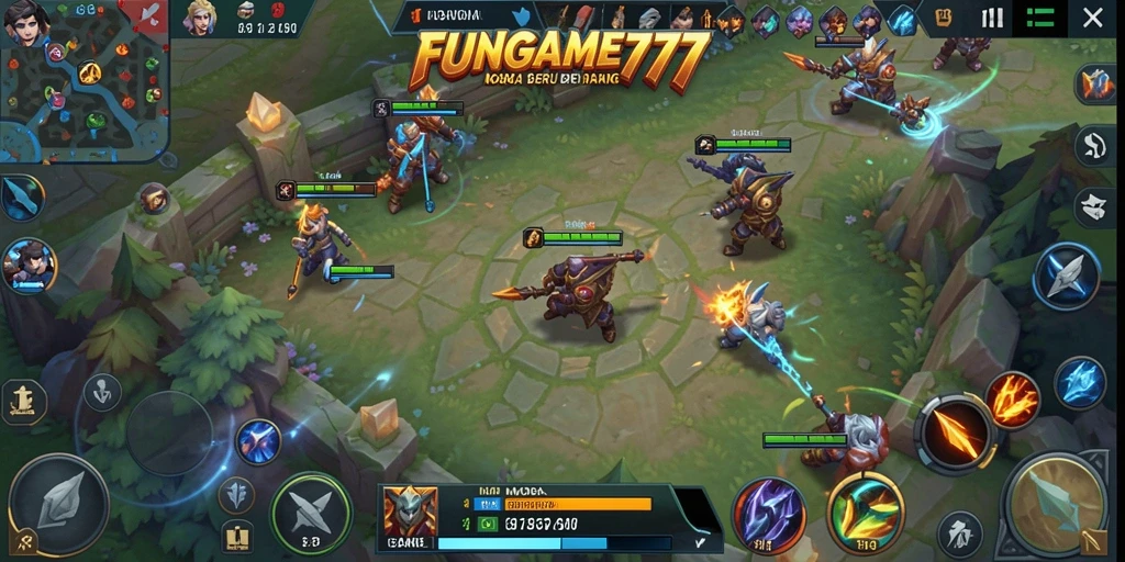 Screenshot gameplay FUNGame777 menampilkan aksi seru di arena pertempuran.