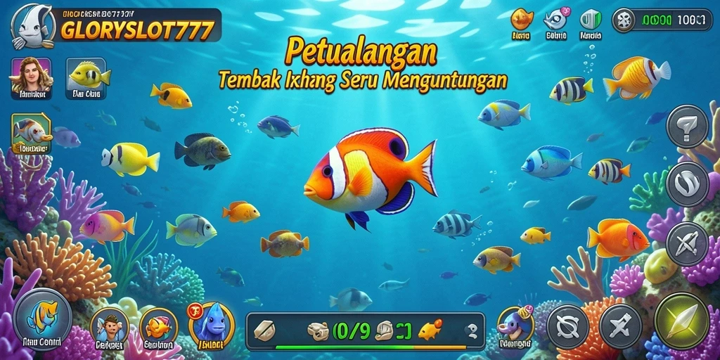 Screenshot gameplay GLORYSLOT777 menunjukkan aksi menembak ikan yang seru.