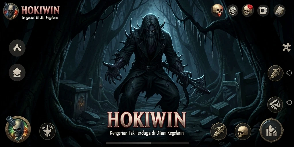 Gameplay seram di HOKIWIN menampilkan karakter menghadapi hantu.
