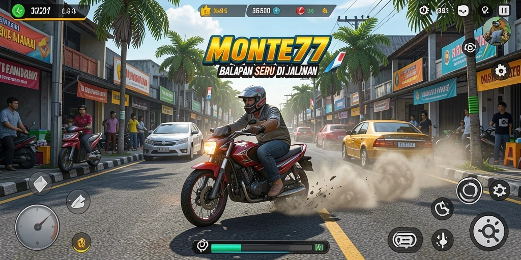 Screenshot gameplay MONTE77 menampilkan balapan seru di jalanan.