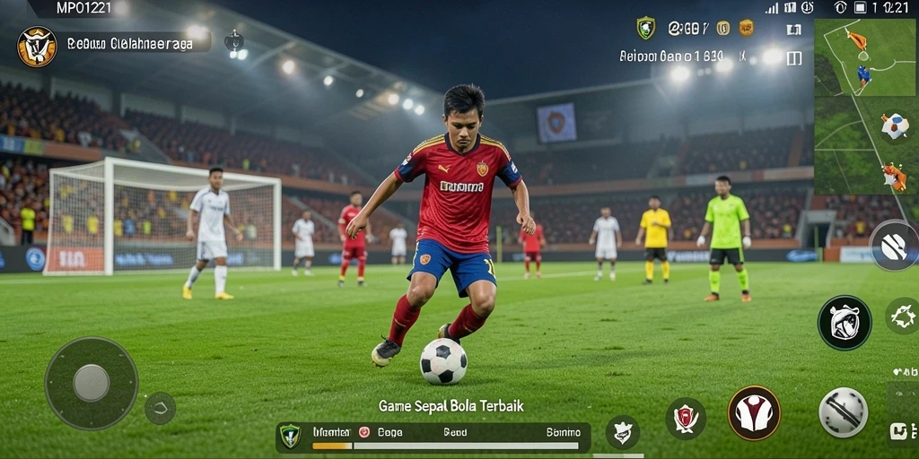 Screenshot gameplay MPO1221 menunjukkan aksi seru di lapangan sepak bola.