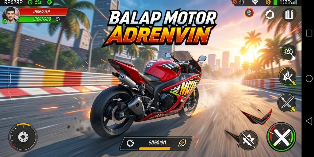 Tampilan gameplay RP62RP dengan balapan motor yang intens.